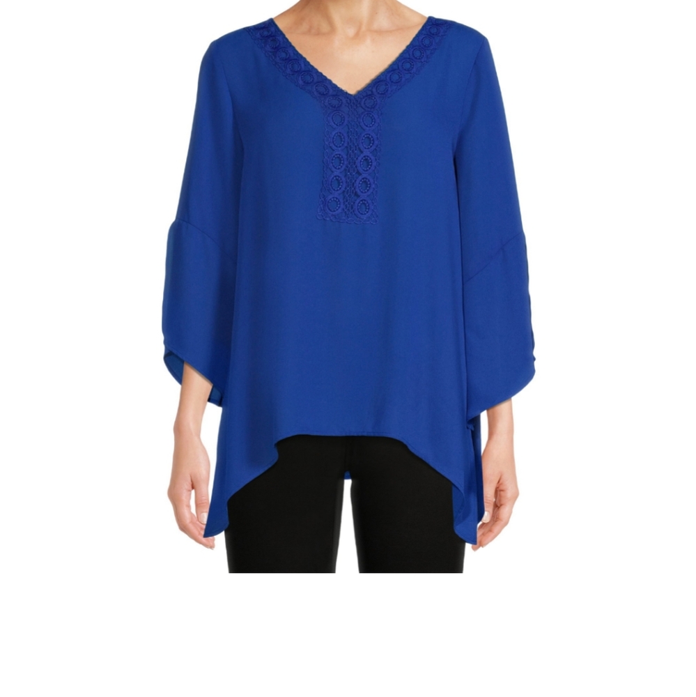 The Pioneer Woman Blue Tops Crochet Neck Tunic 100% Polyester Size S NWT